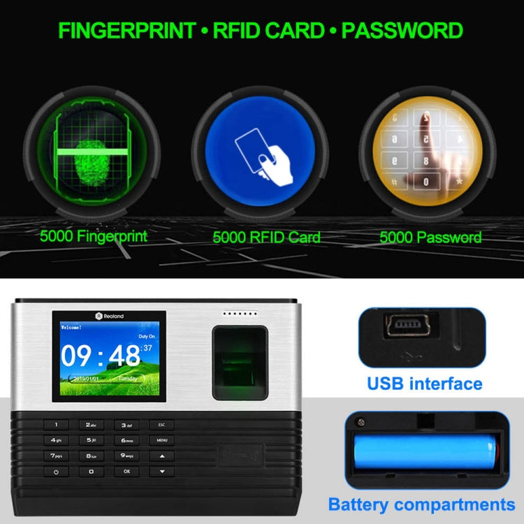 Realand AL355+ Fingerprint Time Attendance with 2.8 inch Color Screen & ID Card Function & WiFi & Access Control Function, AL355+