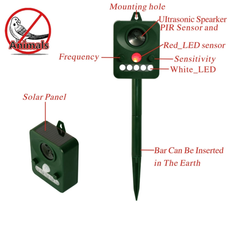 Environmental Friendly White + Red Light Solar-powered LED Ultrasonic Animal Repeller Bird Cat Dog Control Device With 6.5V / 0.1W Solar Panel & PIR Sensor & Light Sensor, Got the CE / ROHS Certification, RC-510
