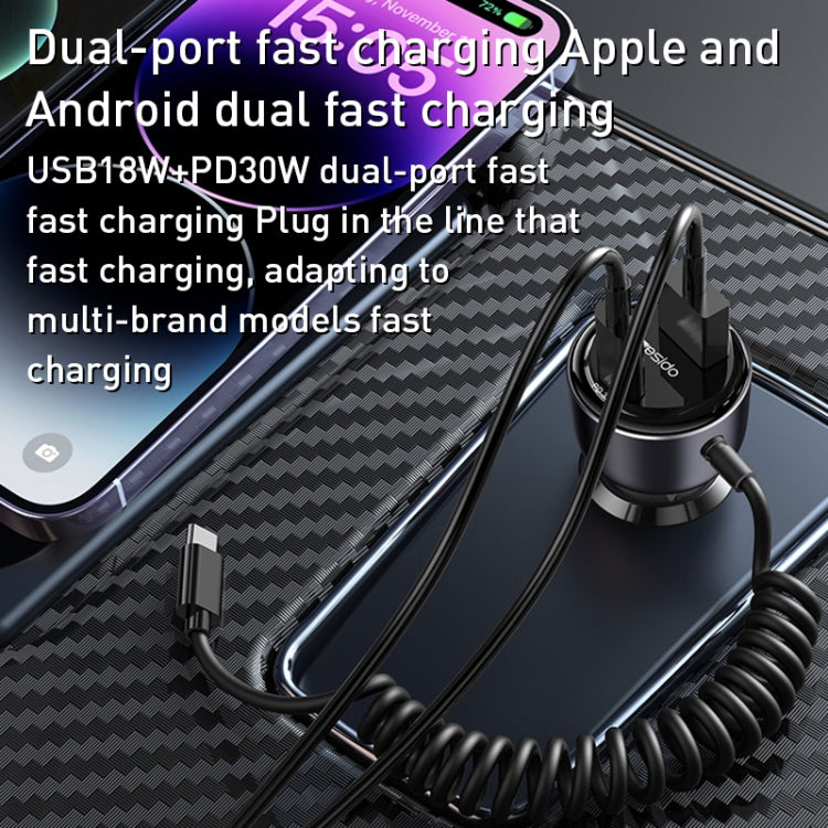 Yesido Y57 50W PD + QC3.0 Dual Port Car Charger with 8 Pin Spring Data Cable, Y57