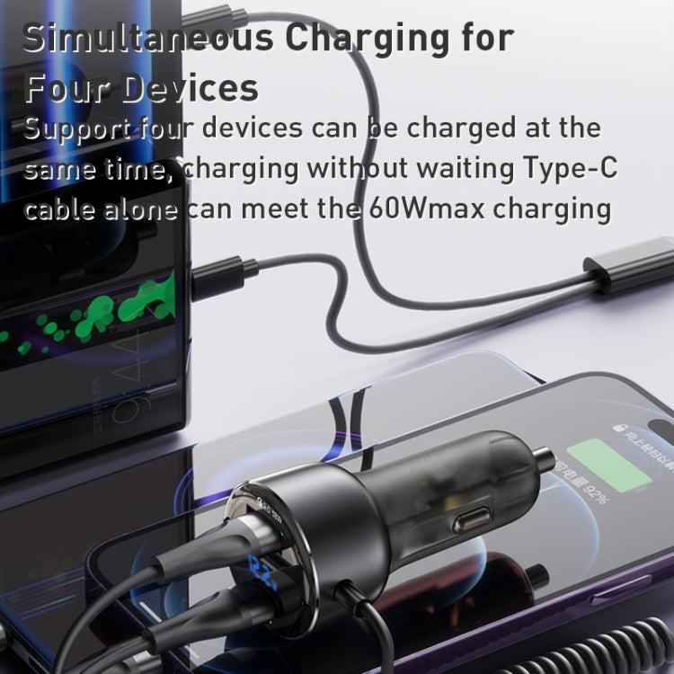 Yesido Y58 60W PD + QC3.0 Dual Port Car Fast Charger with USB-C / Type-C + 8 Pin Spring Cable, Y58