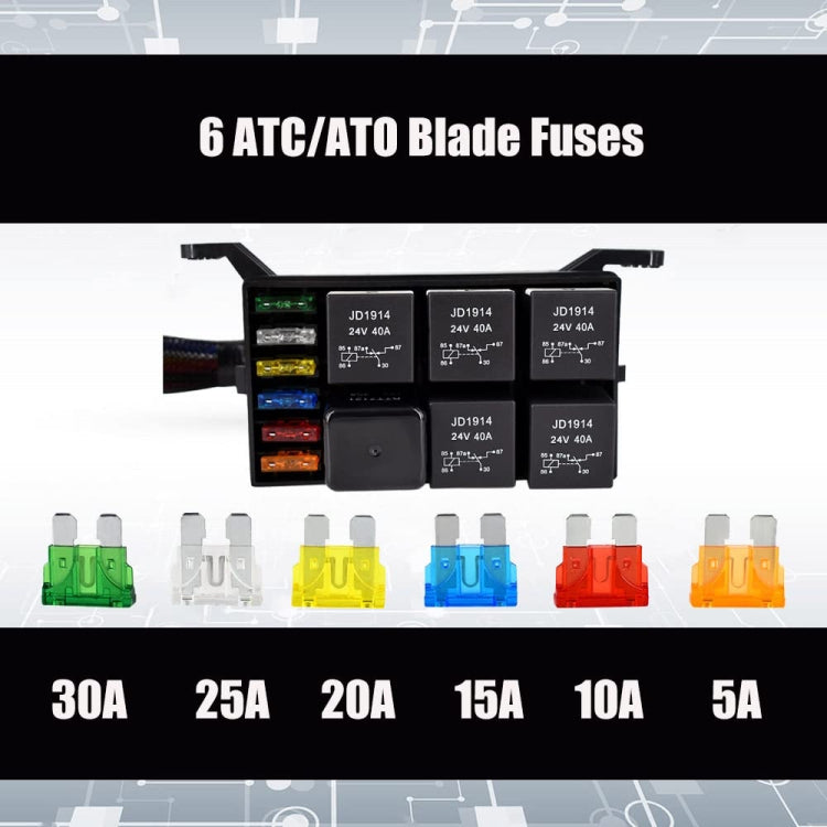24V 5 Pin Car 6 Slots Waterproof Relay Fuse Box with Cable, 24V
