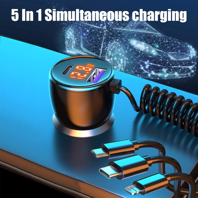 HX06 151W Type-C + USB Dual Port Car Charger with 3 in 1 Spring Data Cable, HX06