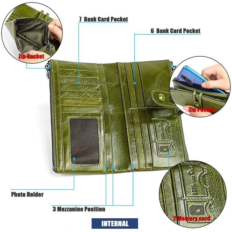 3520 Long Cowhide Leather Folding Anti-magnetic RFID Wallet for Ladies, with Card Slots, 3520 Yellowish-brown, 3520 Black, 3520 Coffee, 3520 Blue, 3520 Red