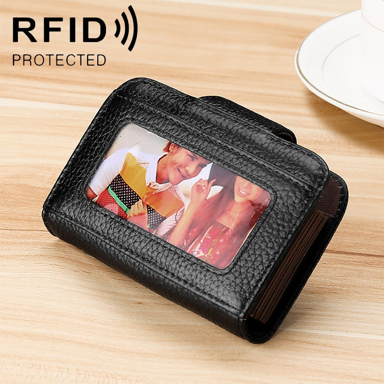 KB188 Horizontal Cowhide Leather Organ Shape Multiple Card Slots Anti-magnetic RFID Wallet for Ladies, with Transparent Window, KB188 Sapphire Blue, KB188 Black, KB188 Coffee, KB188 Purple, KB188 Rose Red