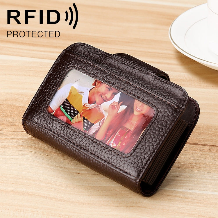 KB188 Horizontal Cowhide Leather Organ Shape Multiple Card Slots Anti-magnetic RFID Wallet for Ladies, with Transparent Window, KB188 Sapphire Blue, KB188 Black, KB188 Coffee, KB188 Purple, KB188 Rose Red