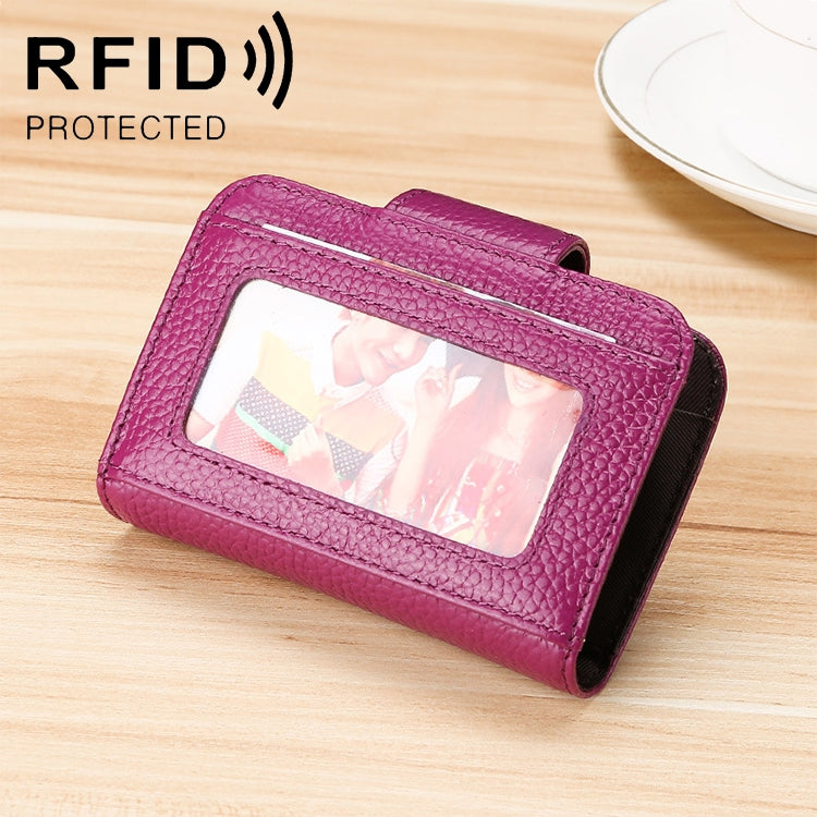 KB188 Horizontal Cowhide Leather Organ Shape Multiple Card Slots Anti-magnetic RFID Wallet for Ladies, with Transparent Window, KB188 Sapphire Blue, KB188 Black, KB188 Coffee, KB188 Purple, KB188 Rose Red