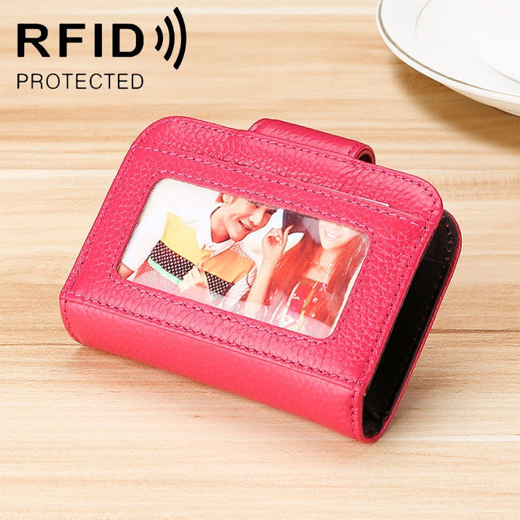 KB188 Horizontal Cowhide Leather Organ Shape Multiple Card Slots Anti-magnetic RFID Wallet for Ladies, with Transparent Window, KB188 Sapphire Blue, KB188 Black, KB188 Coffee, KB188 Purple, KB188 Rose Red