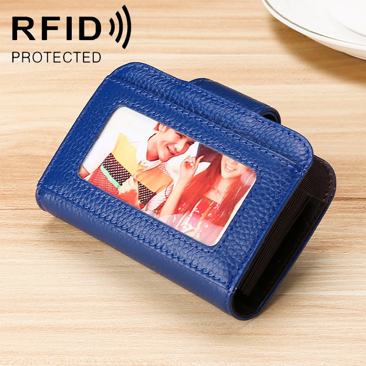 KB188 Horizontal Cowhide Leather Organ Shape Multiple Card Slots Anti-magnetic RFID Wallet for Ladies, with Transparent Window, KB188 Sapphire Blue, KB188 Black, KB188 Coffee, KB188 Purple, KB188 Rose Red