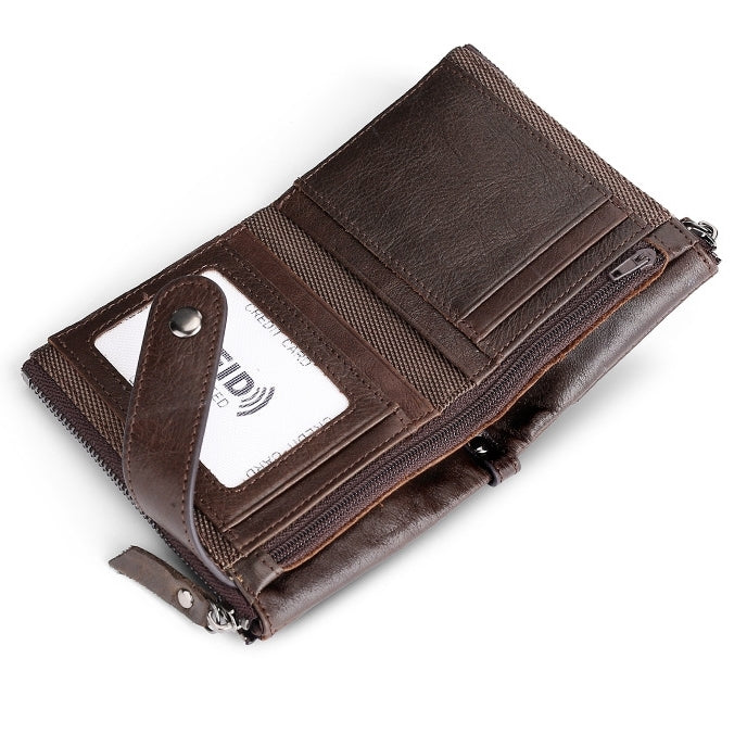 TP-197 Oil Wax Leather Multi-functional Double Zipper Clasp Antimagnetic Change RFID Leather Wallet