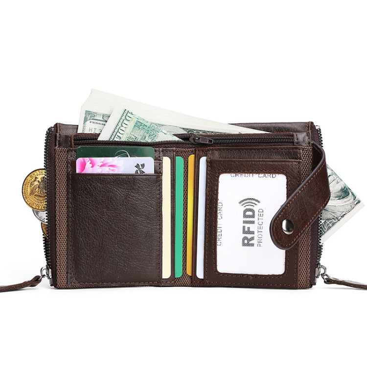 TP-197 Oil Wax Leather Multi-functional Double Zipper Clasp Antimagnetic Change RFID Leather Wallet