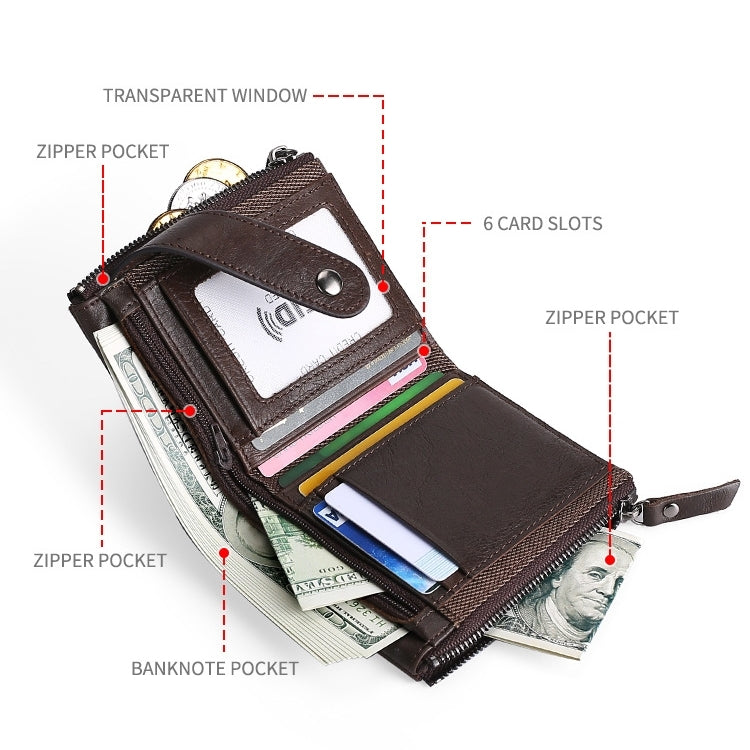 TP-197 Oil Wax Leather Multi-functional Double Zipper Clasp Antimagnetic Change RFID Leather Wallet