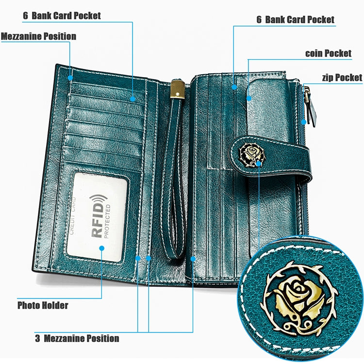 3527 Vintage Oil Wax Texture Large Capacity Long Multi-function Anti-magnetic RFID Wallet Clutch for Ladies