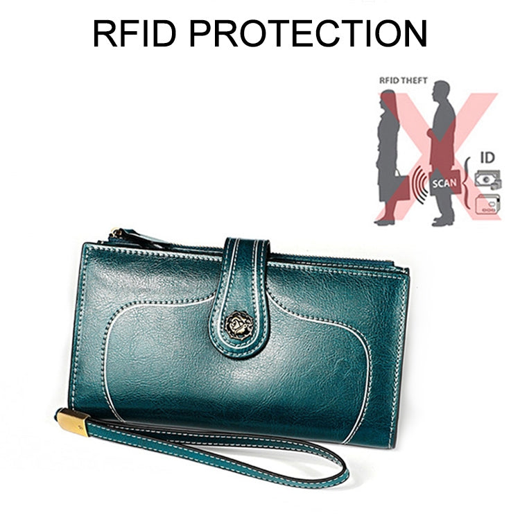 3527 Vintage Oil Wax Texture Large Capacity Long Multi-function Anti-magnetic RFID Wallet Clutch for Ladies