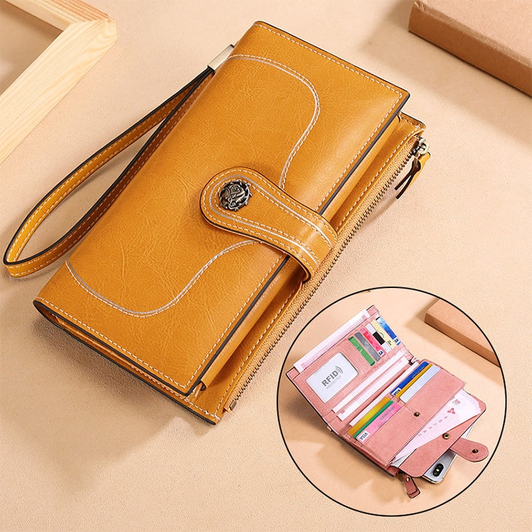 3527 Vintage Oil Wax Texture Large Capacity Long Multi-function Anti-magnetic RFID Wallet Clutch for Ladies