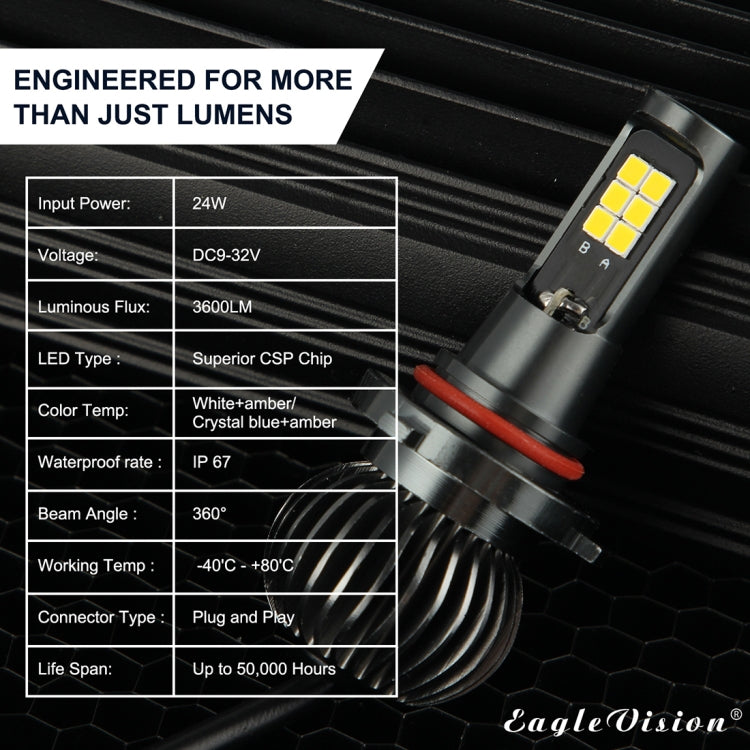 2 PCS EV15 9005 / 9006 DC9-32V / 6W / IP67 Car LED Double Color Fog Light, Cold White Light + Amber Light, EV15 9005 / 9006