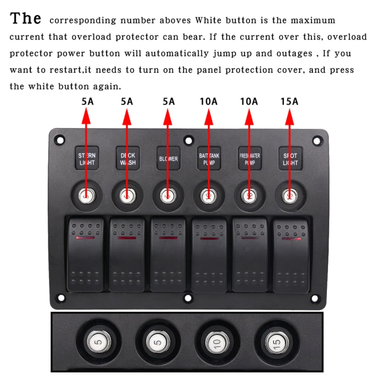 3Pin 6 Way Switches Combination Switch Panel with Light and Projector Lens for Car RV Marine Boat, 3Pin 6 Way