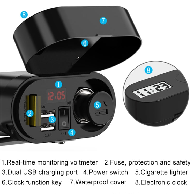 3A Motorcycle Multi-functional Cigarette Lighter Socket Voltmeter + Cigarette Lighter Socket + Dual USB