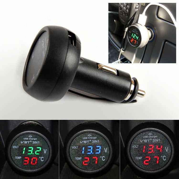 3 in 1 Universal Car Digital Voltage Meter Temperature Meter USB Charger, DC12-24V(Random Color Delivery), With USB Charger