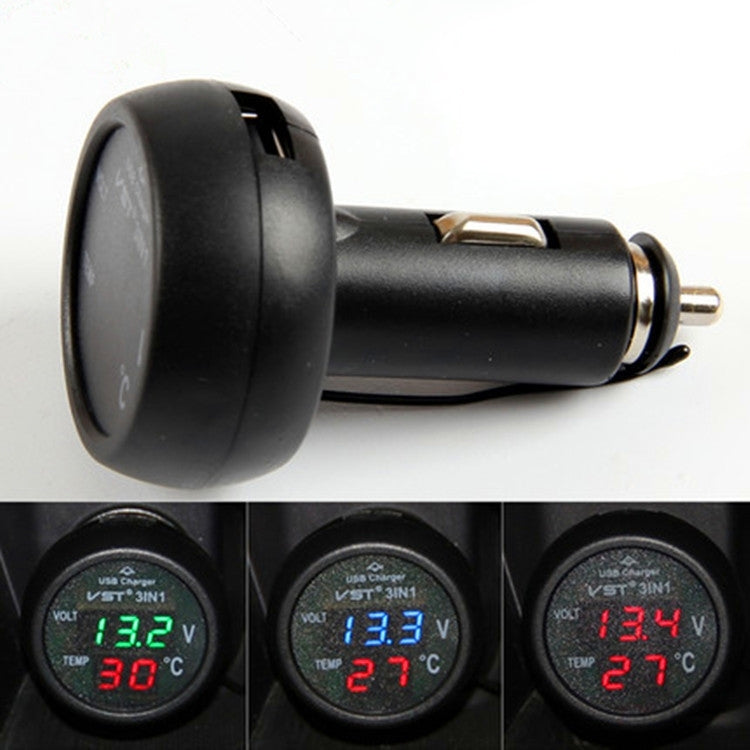 3 in 1 Universal Car Digital Voltage Meter Temperature Meter USB Charger, DC12-24V(Random Color Delivery), With USB Charger