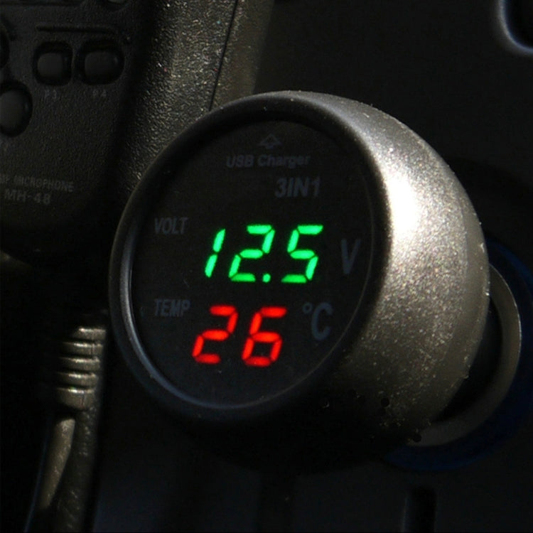 3 in 1 Universal Car Digital Voltage Meter Temperature Meter USB Charger, DC12-24V(Random Color Delivery), With USB Charger