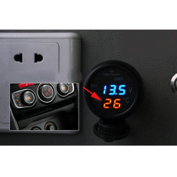 3 in 1 Universal Car Digital Voltage Meter Temperature Meter USB Charger, DC12-24V(Random Color Delivery), With USB Charger