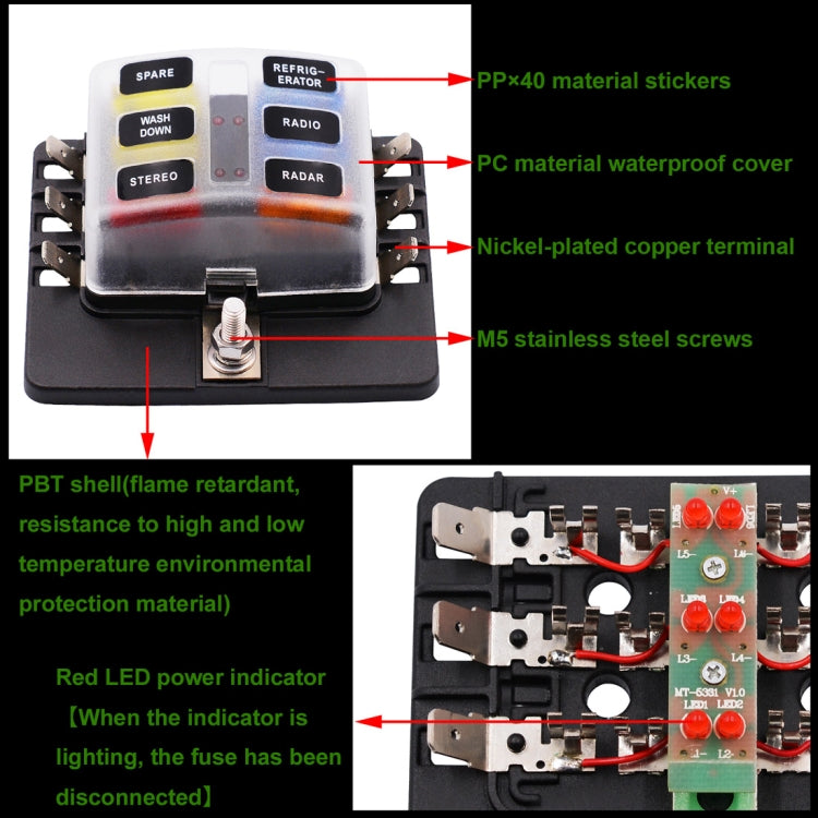 1 in 6 Out Fuse Box PC Terminal Block Fuse Holder Kits with LED Warning Indicator for Auto Car Truck Boat