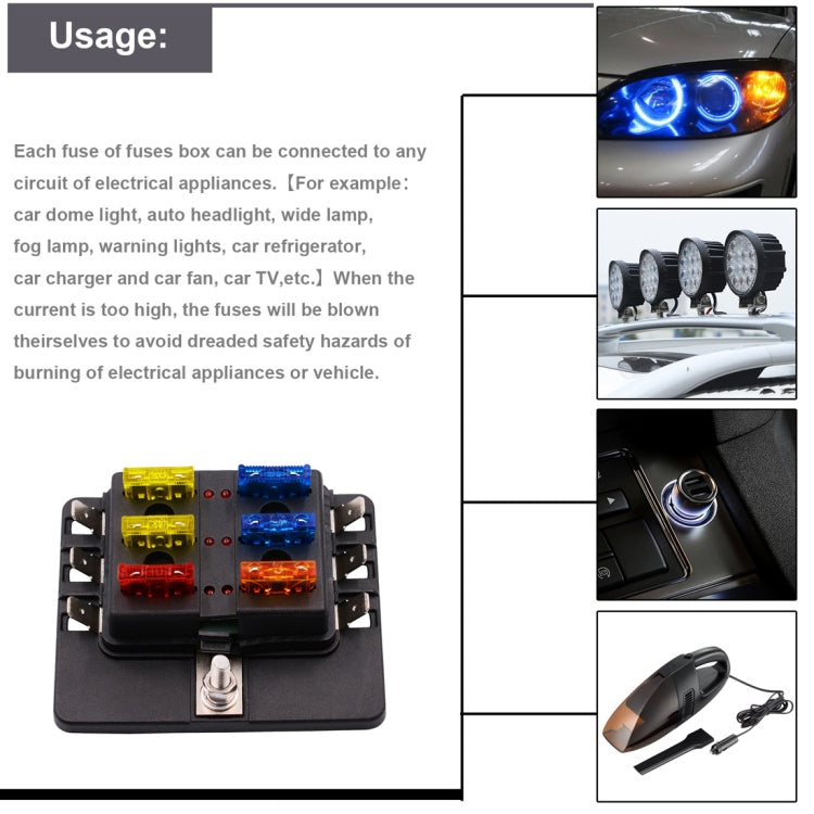 1 in 6 Out Fuse Box PC Terminal Block Fuse Holder Kits with LED Warning Indicator for Auto Car Truck Boat