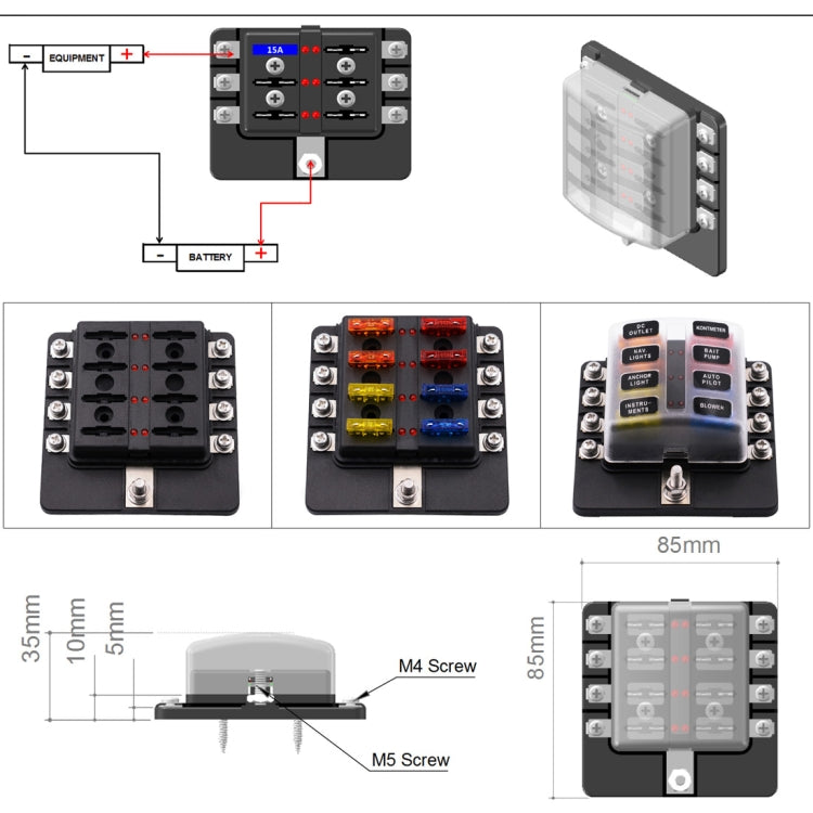 1 in 8 Out Fuse Box Screw Terminal Section Fuse Holder Kits with LED Warning Indicator for Auto Car Truck Boat