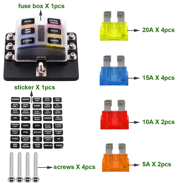 1 in 6 Out 6 Way Circuit Fuse Box Screw Terminal Section Fuse Holder Kits with LED Warning Indicator for Auto Car Truck Boat