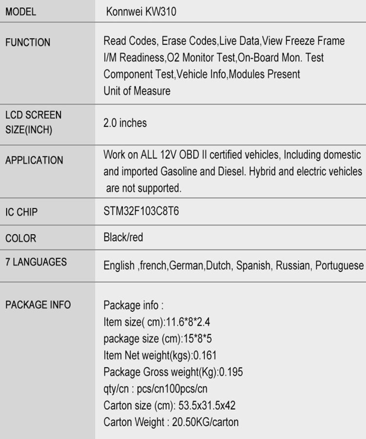KONNWEI KW310 OBD Car Fault Detector Code Reader ELM327 OBD2 Scanner Diagnostic Tool, KW310