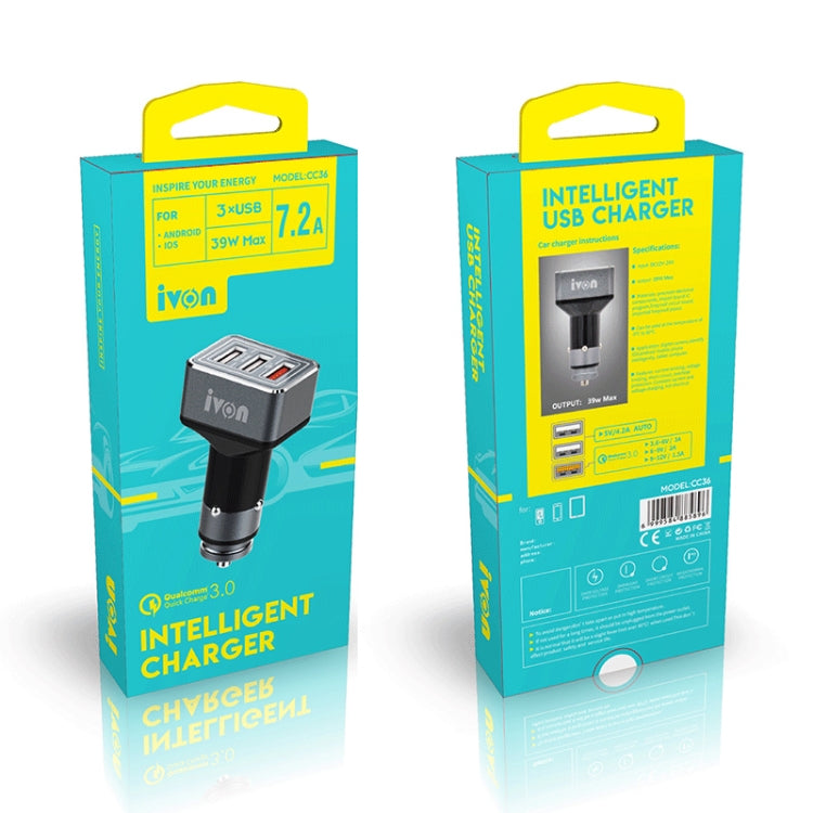 IVON CC36 39W 7.2A QC 3.0 USB + Dual USB Car Charger with Ambient Light