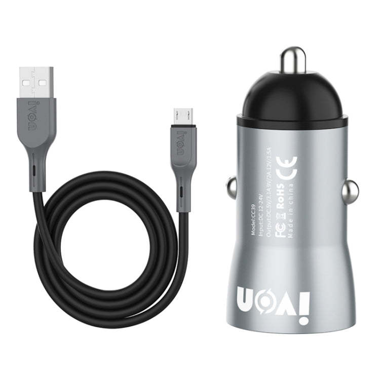 IVON CC39 18W 3.1A QC 3.0 USB Car Charger + 1m USB to Micro USB Fast Charge Data Cable Set, Micro USB