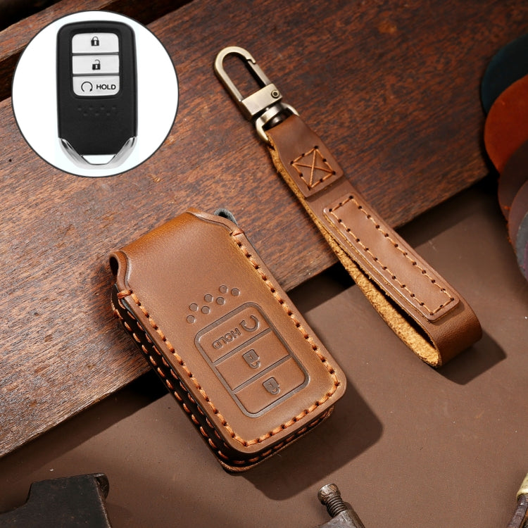 Hallmo Car Cowhide Leather Key Protective Cover Key Case for Honda Civic / Accord 3-button Start, For Honda Civic / Accord 3-button Start