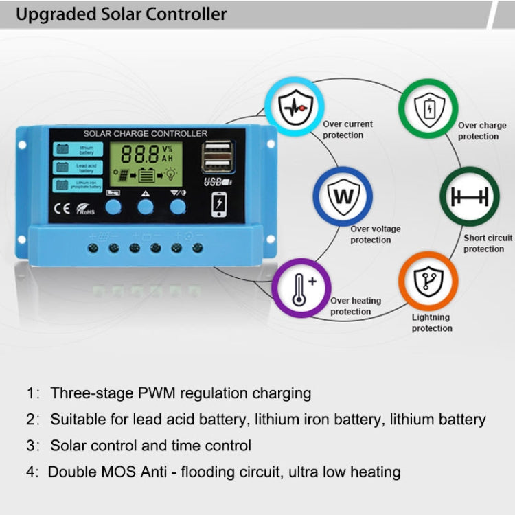 10A Solar Charge Controller 12V / 24V Lithium Lead-Acid Battery Charge Discharge PV Controller, 10A