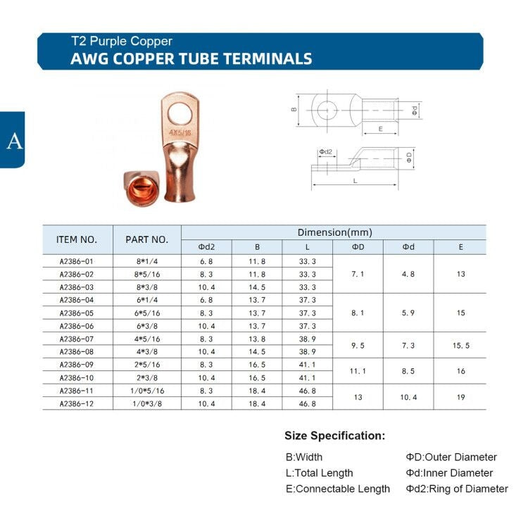Car Battery Cable Hammer Crimper Hammer Lug Crimper Tool Pliers with T2 Copper 6 x 3/8 Heavy-duty Cold-pressed Wire Terminals, 6 x 3/8