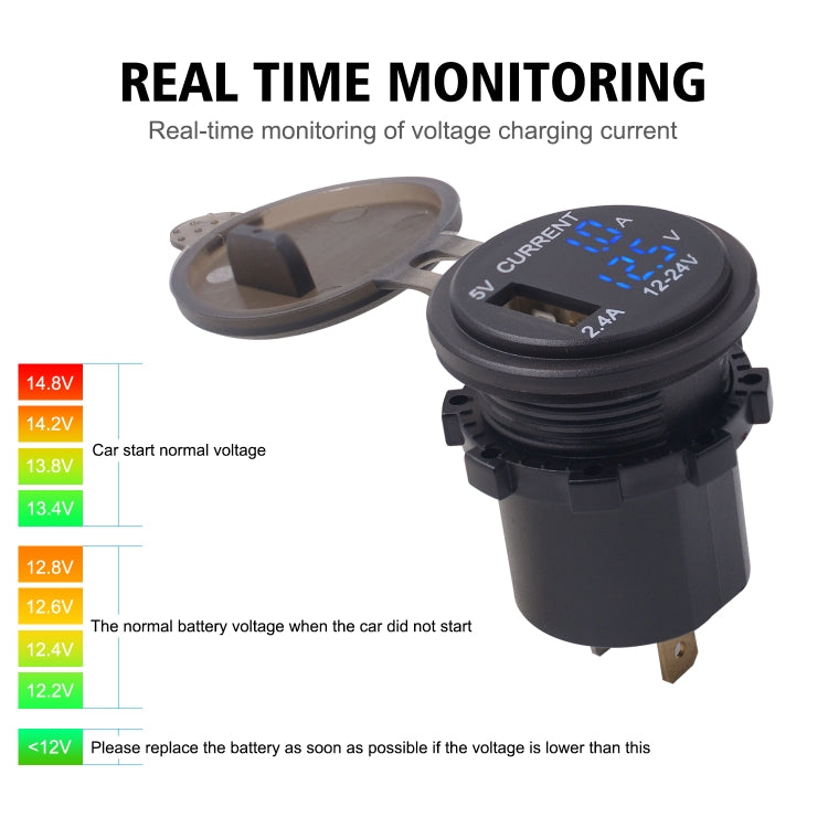 Universal Car Single Port USB Charger Power Outlet Adapter 2.4A 5V IP66 with LED Digital Voltmeter + Ammeter + 60cm Cable