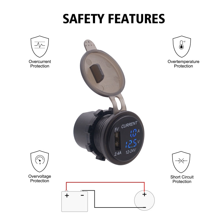 Universal Car Single Port USB Charger Power Outlet Adapter 2.4A 5V IP66 with LED Digital Voltmeter + Ammeter + 60cm Cable