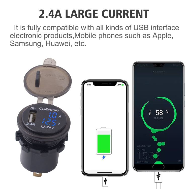 Universal Car Single Port USB Charger Power Outlet Adapter 2.4A 5V IP66 with LED Digital Voltmeter + Ammeter + 60cm Cable