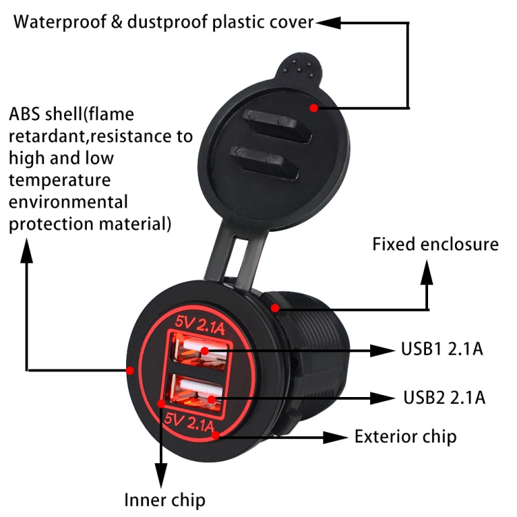 Universal Car Dual USB Charger Power Outlet Adapter 4.2A 5V IP66 with Aperture + 60cm Cable, 4.2A + 60cm Cable(Red Light), 4.2A + 60cm Cable(Blue Light), 4.2A + 60cm Cable(Orange Light)