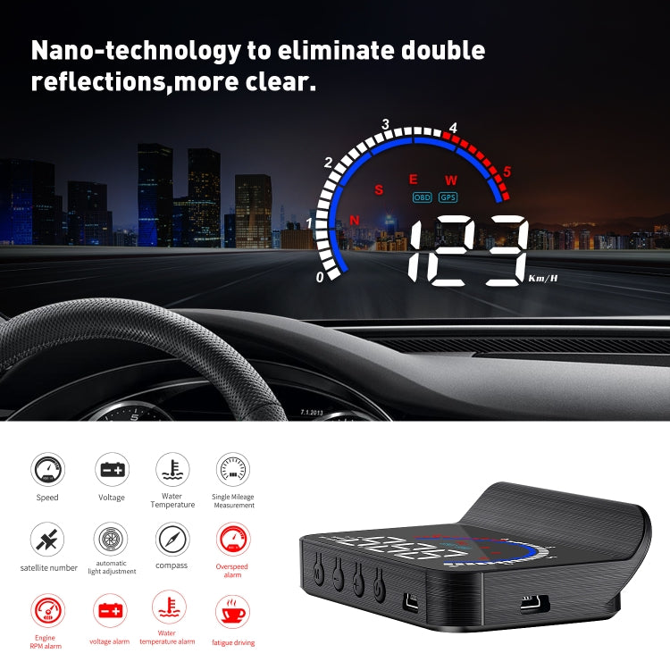 M13 Plus OBD2 + GPS Mode Car Head-up Display HUD Overspeed / Speed / Water Temperature Alarm, M13 Plus