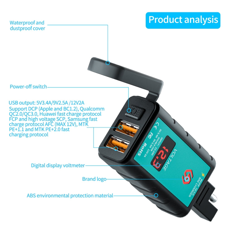 WUPP ZH-1422A1 DC12-24V Motorcycle Square Dual USB Fast Charging Charger with Switch + Voltmeter + Integrated SAE Socket, ZH-1422A1
