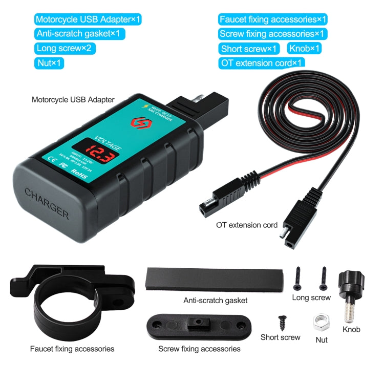 WUPP ZH-1422B2 DC12-24V Motorcycle Square Single USB + PD Fast Charging Charger with Switch + Voltmeter + Integrated SAE Socket + 1m SAE Socket Cable, ZH-1422B2