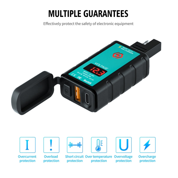 WUPP ZH-1422B2 DC12-24V Motorcycle Square Single USB + PD Fast Charging Charger with Switch + Voltmeter + Integrated SAE Socket + 1m SAE Socket Cable, ZH-1422B2