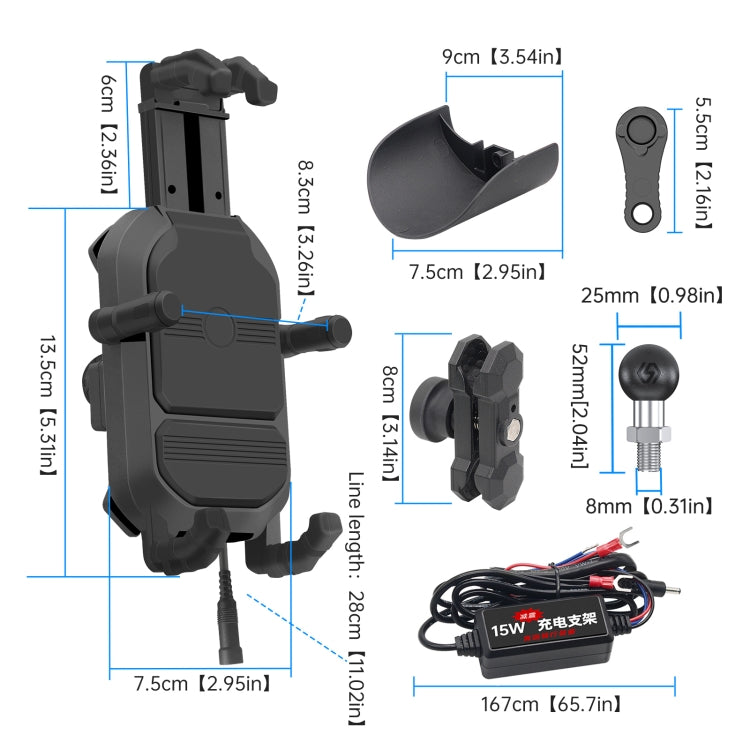 WUPP ZH-1848B1 15W Motorcycle Wireless Fast Charging Phone Navigation Holder, M8 Ball Joint, M10 Ball Joint