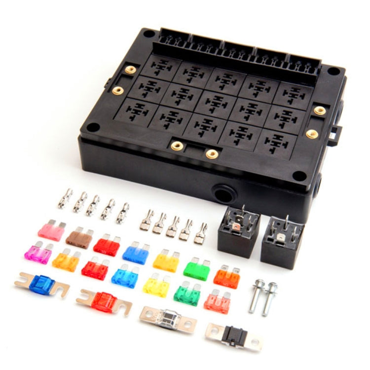 40A Car New Energy Multi-Way Fuse Relay Box Fuse Holder with 15pcs Fuse Blades, 5 Pin, 4 Pin