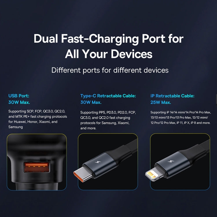 Baseus Tuxiang Pro 60W 3 in 1 USB+8 Pin+Type-C Interface Car Charger, USB+8 Pin+Type-C