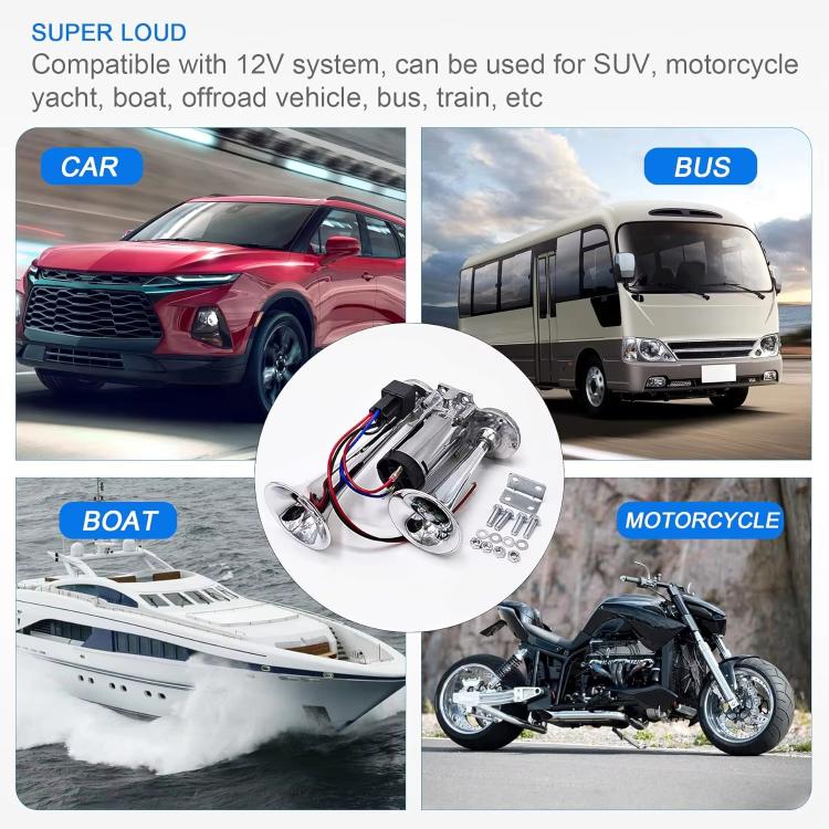 12V / 24V 600dB Car / Truck 3-Trumpet Super Loud Electric Horn, with M6 Air Nozzle and Leather Hose, TZ-311 (Black), TZ-311 (Silver)