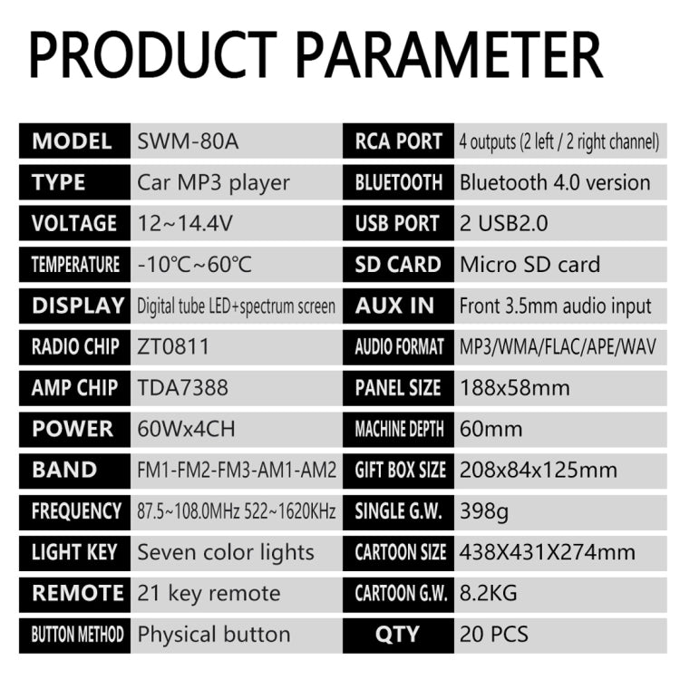 SWM-80A DC12V Car MP3 Support FM/AM &amp; Bluetooth &amp; Mobile Phone Voice Assistant