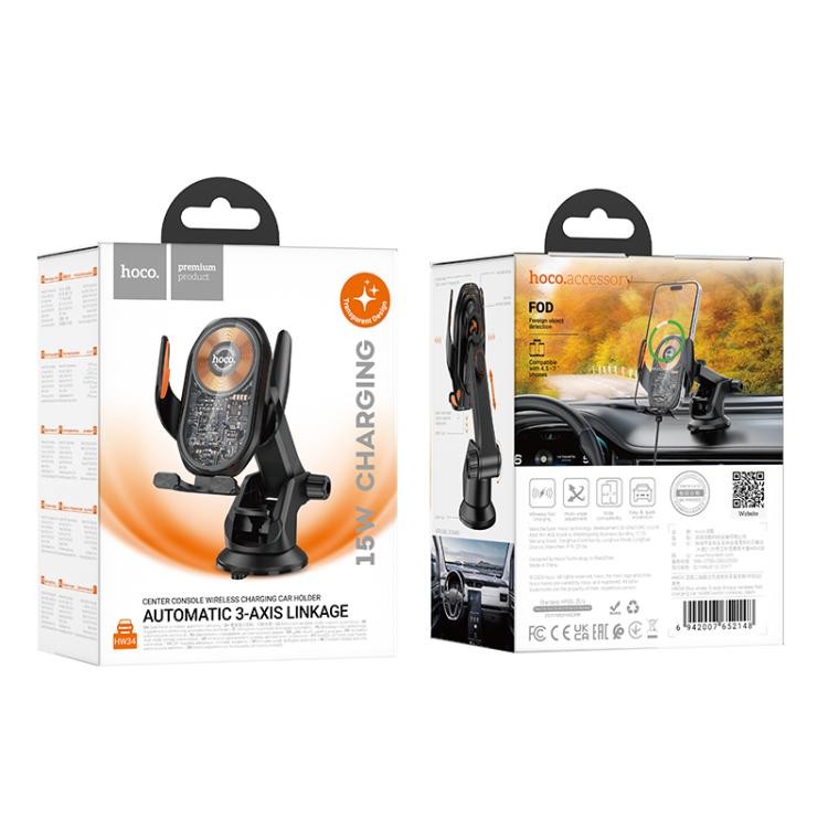 hoco HW34 Blue Whale Car Center Console 3-Axis Linkage Wireless Fast Charging Phone Holder