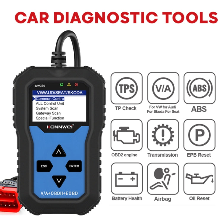 KONNWEI KW350 OBDII 12V Car Diagnostics Detector Scanner with 2 inch Black And White Display Screen V007 for Audi / Volkswagen, KW350